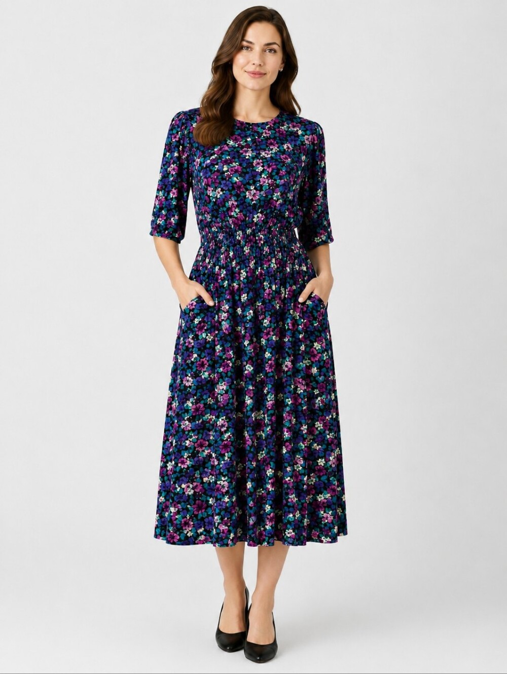 Vintage 80s E.D. Michaels Plus Floral Rayon Midi Dress L USA